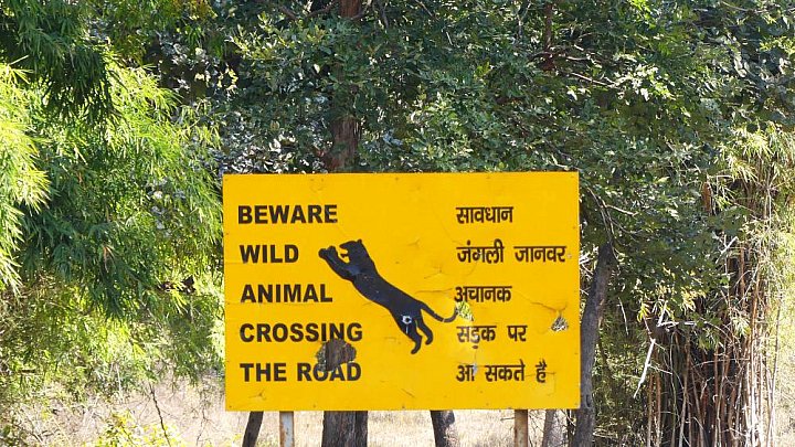 Stra&szlig;enschild beim Kanha Nationalpark - Fauna in Indien