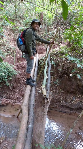 Abenteuerliche Br&uuml;cke &uuml;ber einen Bach - Laos - Landschaft