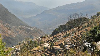 Die Trekkingstrecke von Hille, tief unten im Tal,  hinauf nach Ghorepani f&uuml;hrt durch mehrere D&ouml;rfer und gewaltige H&auml;nge &uuml;bers&auml;t mit kunstvoll angelegten Terassenfeldern. - Pokhara und Annapurna - Landschaft
