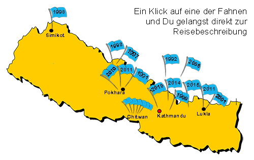 Nepal-Karte mit Fahnen als Symbol, wo ich schon unterwegs war